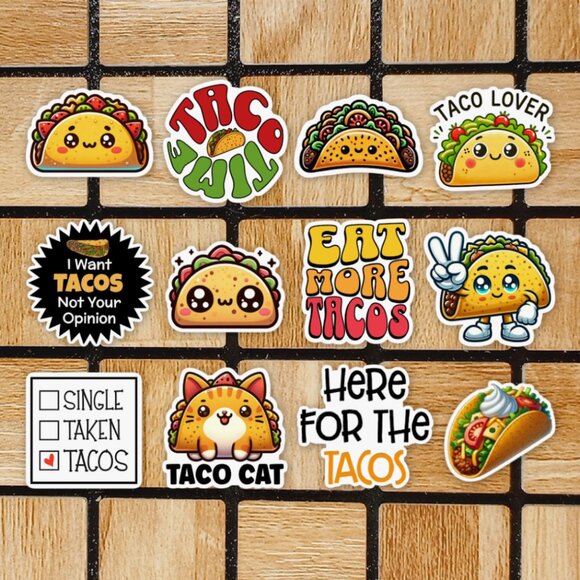 Funny Taco Sticker Pack of 12 Vinyl Stickers Waterproof Die Cut Sticker Set - Picture 1 of 4